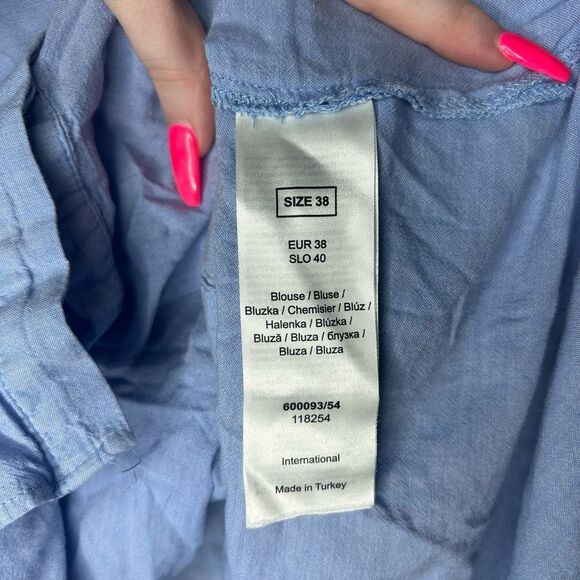 Orsay Blue 3/4 Sleeve Tunic Button Up Blouse Size 38 Collared High Low - Picture 10 of 13